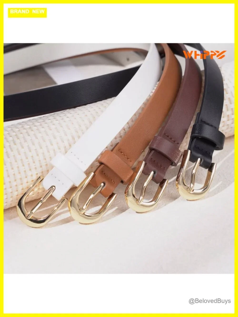 Women's Faux Leather Skinny Belt with Gold Buckle 9-Hole Adjustable